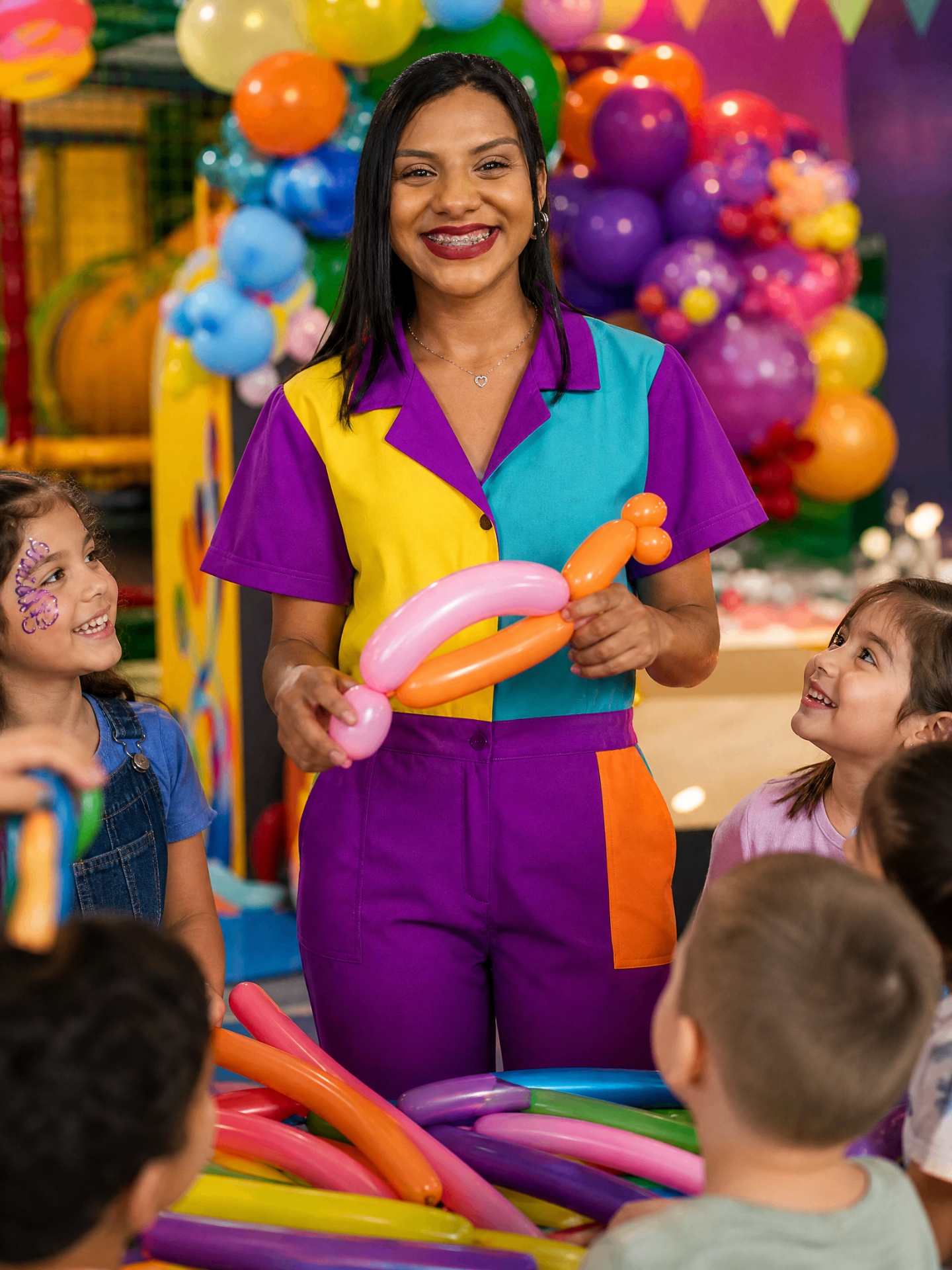 Recreadora fazendo esculturas de balão com as crianças